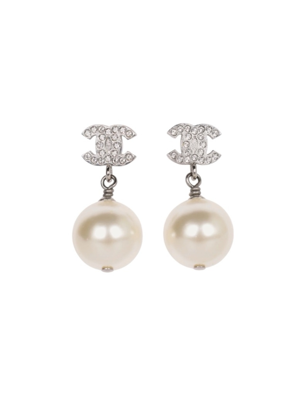 CHANEL Crystal CC Logo Drop Earrings with Cream Pearls
